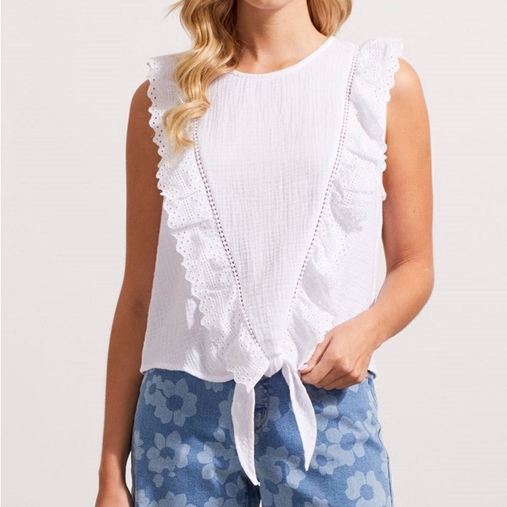 Tribal Jeans Sleeveless Tie Front white cotton muslin gauze Blouse boho Lace S